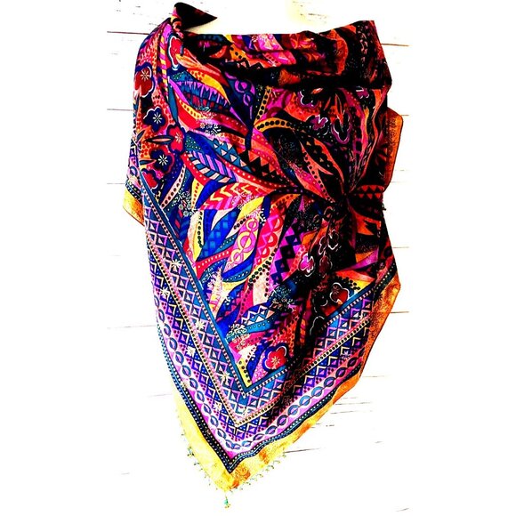 Sarah Clothes Square Shawl Scarf Folk Gypsy Style Multicolor Cotton Beads 45*45" - Picture 1 of 16